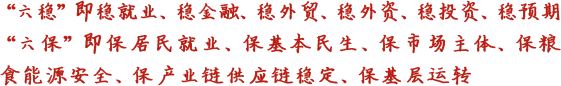 六穩(wěn)即穩(wěn)就業(yè)、穩(wěn)金融、穩(wěn)外貿(mào)、穩(wěn)外資、穩(wěn)投資、穩(wěn)預(yù)期六保即保居民就業(yè)、?；久裆⒈Ｊ袌鲋黧w、保糧食能源安全、保產(chǎn)業(yè)鏈供應(yīng)鏈穩(wěn)定、?；鶎舆\轉(zhuǎn)